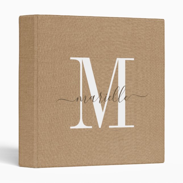 Monogram Sand Faux Linen Office School 3 Ring Bind Binder (Front/Spine)