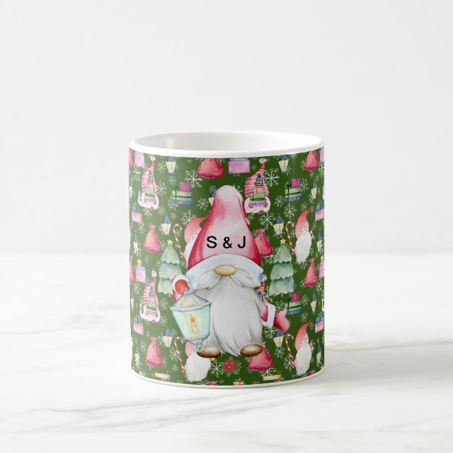 Monogram Santa Gnome for Christmas Pattern Green Coffee Mug (Center)