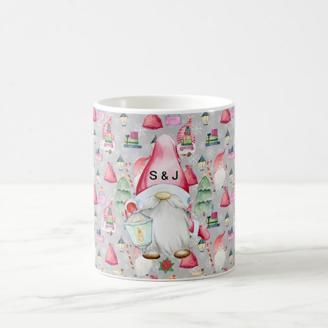 Monogram Santa Gnome for Christmas Pattern Silver Coffee Mug (Center)