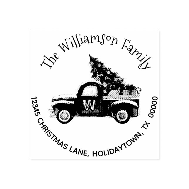 Monogram Santa Red Truck Return Address Christmas Rubber Stamp (Imprint)