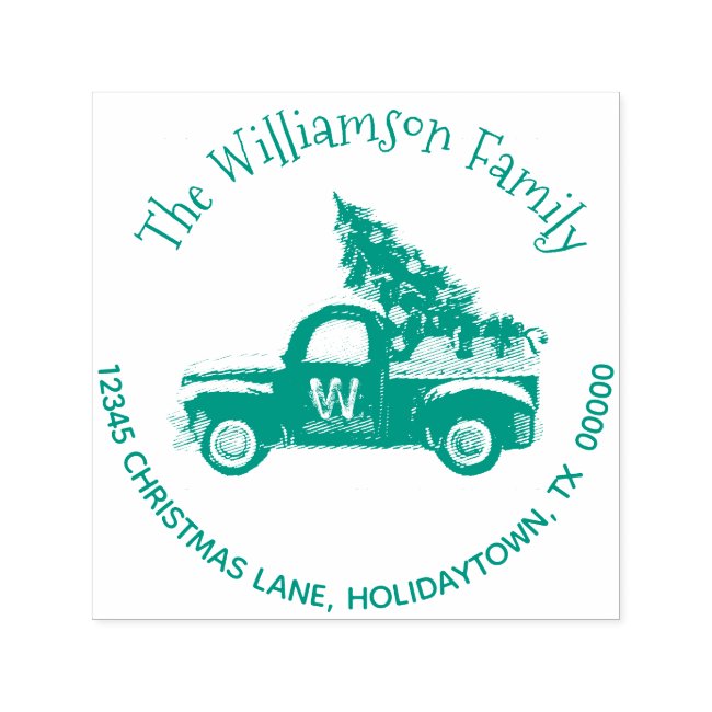 Monogram Santa Red Truck Return Address Christmas Self-inking Stamp