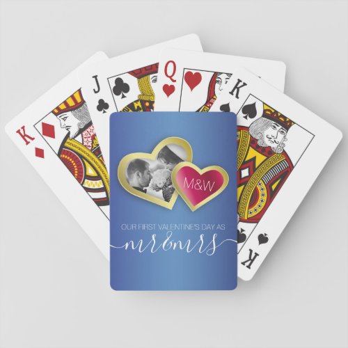 Monogram Sapphire Blue Ruby Red Valentine Photo Playing Cards