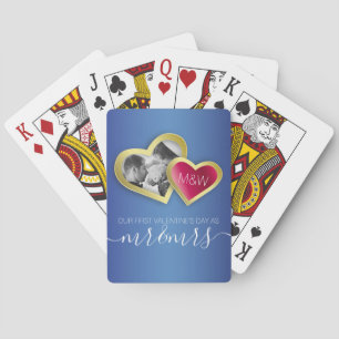 Monogram Sapphire Blue Ruby Red Valentine Photo Poker Cards