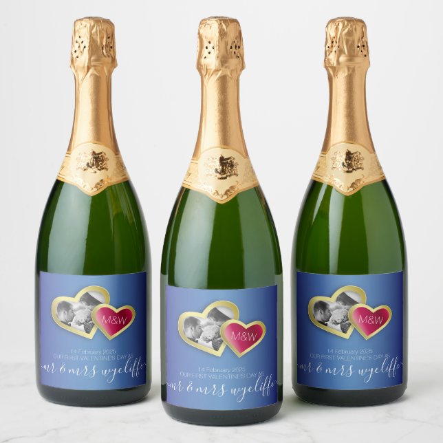Monogram Sapphire Blue Ruby Red Valentine Photo Sparkling Wine Label (Bottles)