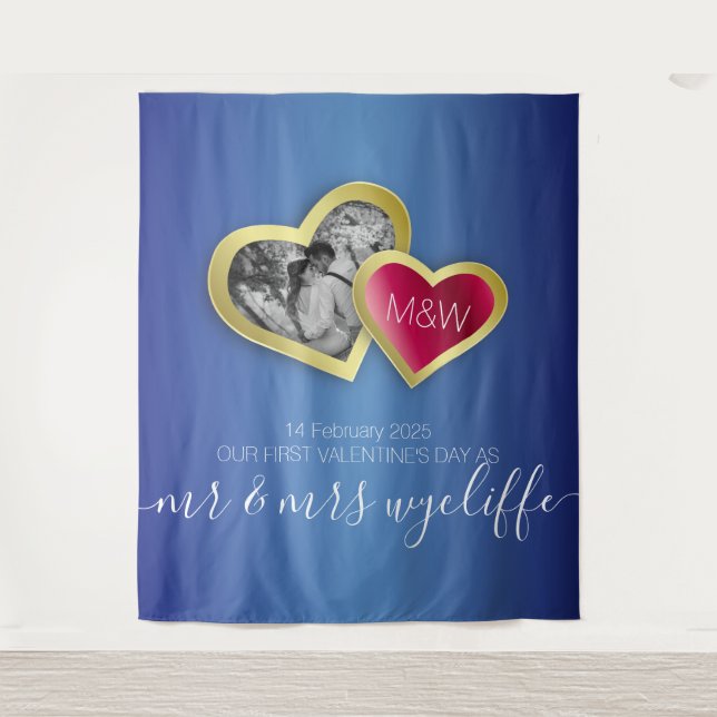 Monogram Sapphire Blue Ruby Red Valentine Photo Tapestry (Front)