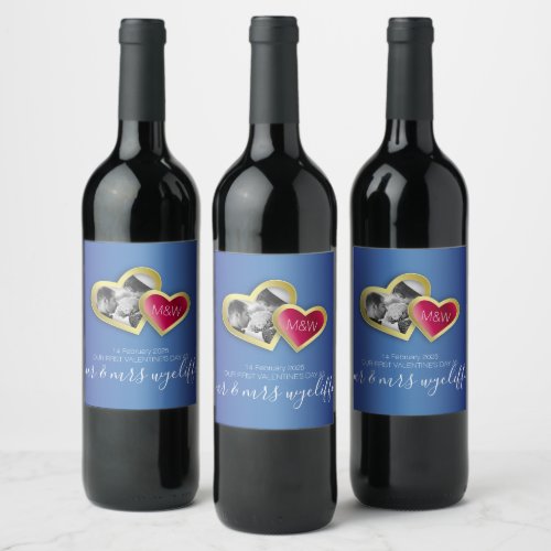 Monogram Sapphire Blue Ruby Red Valentine Photo Wine Label