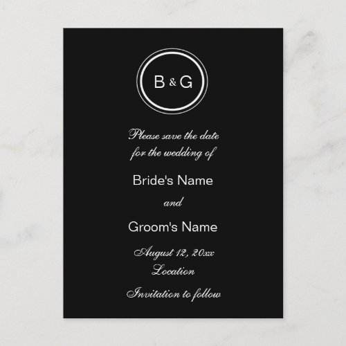 Monogram Save the Date Black Wedding Postcard