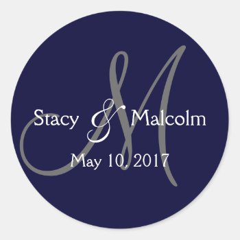 Monogram Save The Date Label | Navy Blue by MonogramGalleryGifts at Zazzle