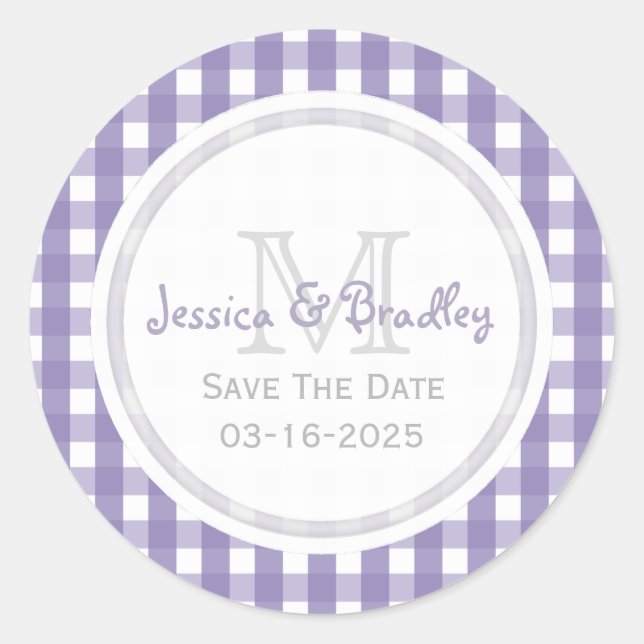 Monogram Save The Date Stickers Gingham PW (Front)