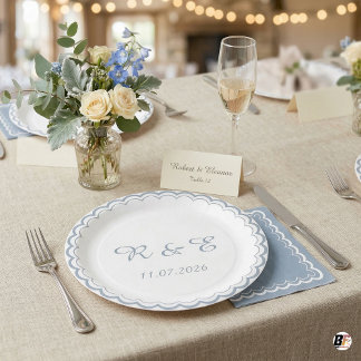 Monogram Scalloped Wedding Dusty Blue Paper Plates