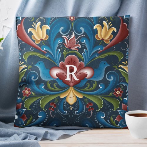 Monogram Scandinavian Folk Art Rosemaling Floral  Throw Pillow