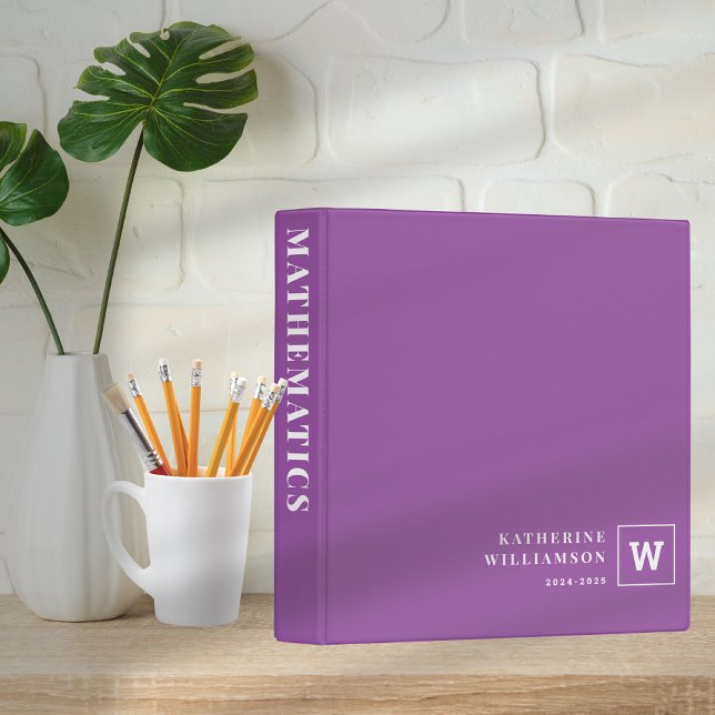 Monogram School Subject Student Purple Custom Name 3 Ring Binder (Creator Uploaded)