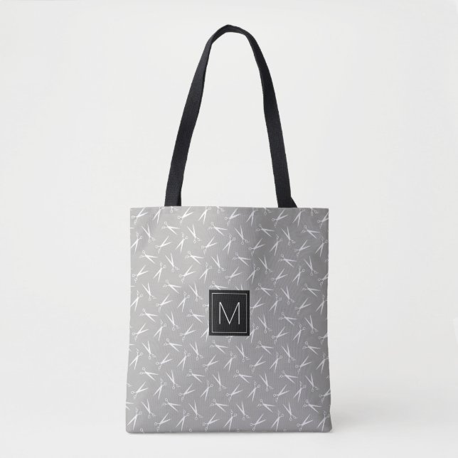 Monogram Scissors Pattern in Gray Tote Bag (Front)