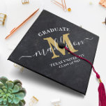 Monogram Script Black and Gold Modern Graduation C Graduation Cap Topper<br><div class="desc">Monogram Script Black and Gold Modern Graduation Cap Topper This is the perfect finishing touch to any graduation cap. This cap topper features a sleek black background with elegant gold script monogram lettering. Its modern design exudes sophistication and is sure to elevate any graduation cap to the next level. A...</div>