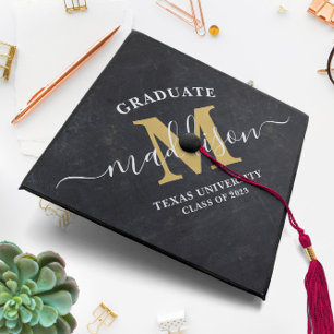 Monogram Script Black and Gold Modern Graduation C Graduation Cap Topper