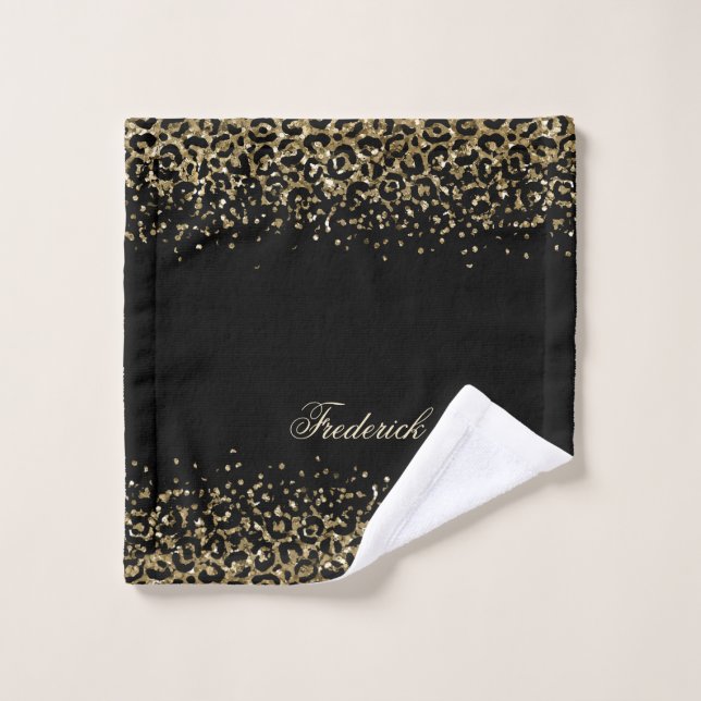 Monogram Script Black Gold Leopard Print Glitter Bath Towel Set (Wash Cloth)