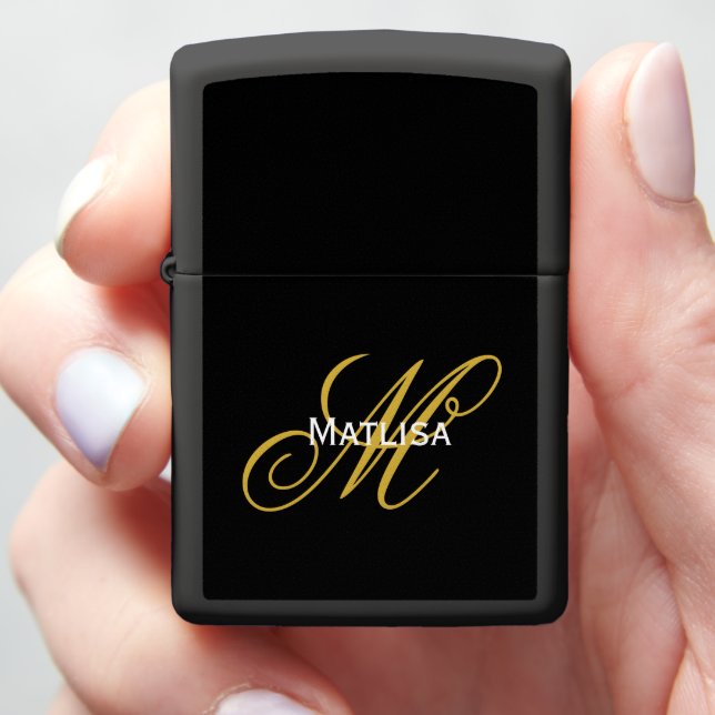 Monogram Script Black & Gold Name  Zippo Lighter (In Hand)