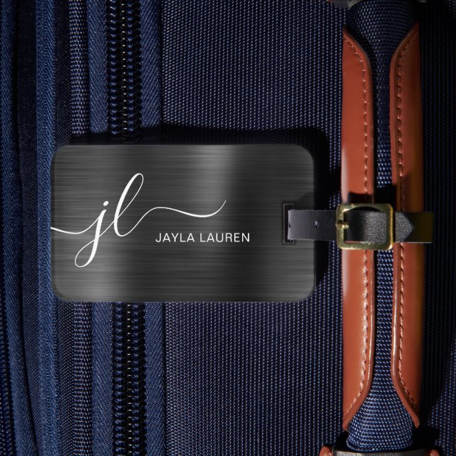 Monogram Script Black Gray Faux Metal Steel Luggage Tag (Front Insitu 4)