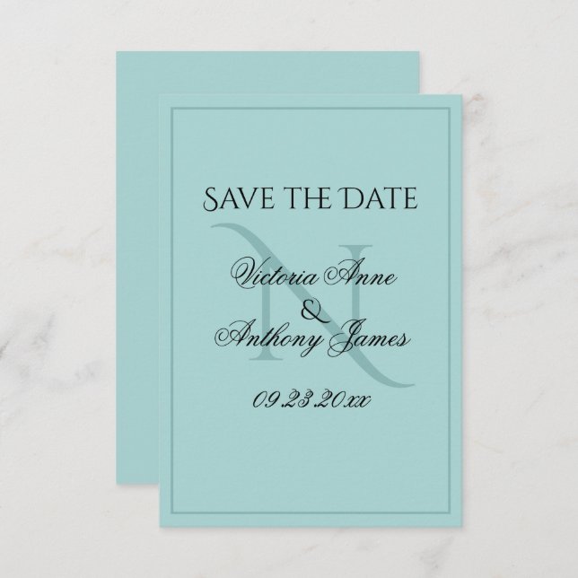 Monogram Script Blue Initial Wedding Save The Date (Front/Back)
