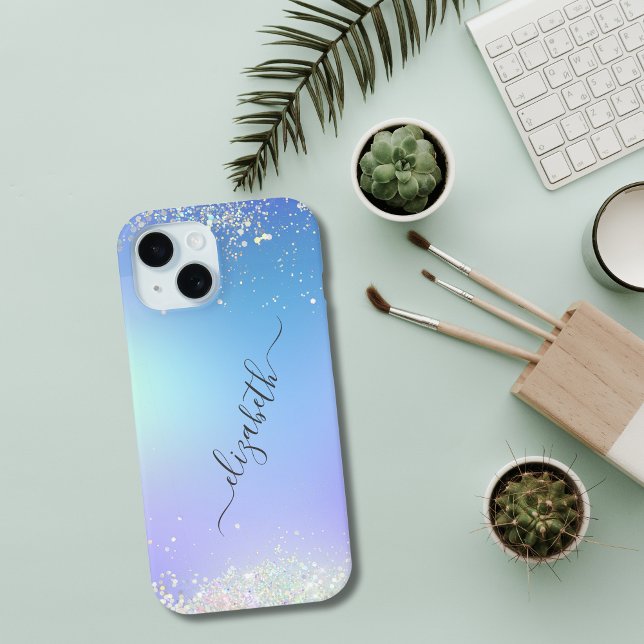 Monogram Script Blue Purple Glitter Trendy Iphone Case (Blue Purple White Glitter Monogrammed Name Script iPhone Case)