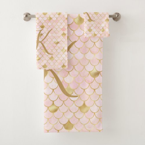 Monogram Script Blush Pink Gold Mermaid Scales  Bath Towel Set