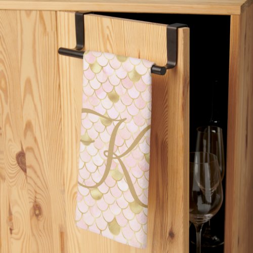 Monogram Script Blush Pink Gold Mermaid Scales  Kitchen Towel