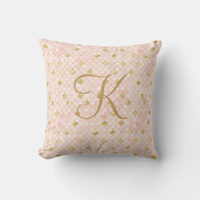 Monogram Script Blush Pink Gold Mermaid Scales Throw Pillow (Front)