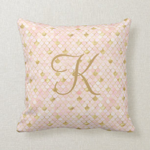Monogram Script Blush Pink Gold Mermaid Scales Throw Pillow