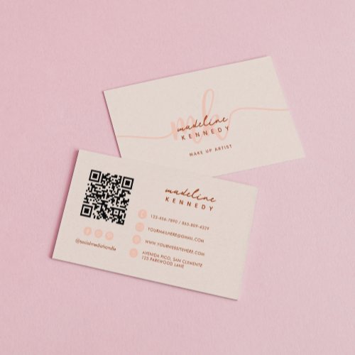 Monogram Script Boho Beige QR Code Business Card