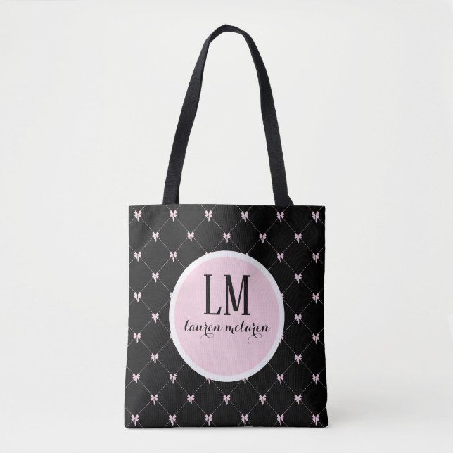 Monogram Script Bow Tote Bag – Black & Pink (Front)