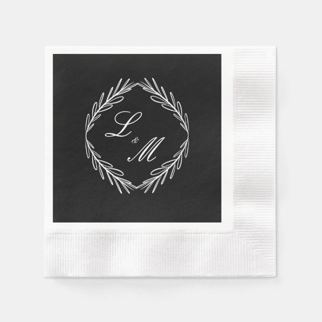 Monogram Script Branch Black White Wedding Napkins (Front)