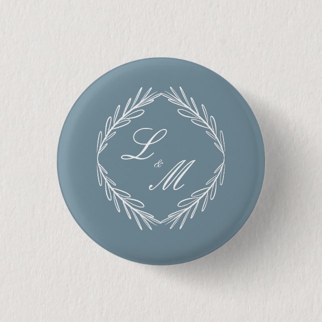 Monogram Script Branch Dusty Blue Wedding Button (Front)