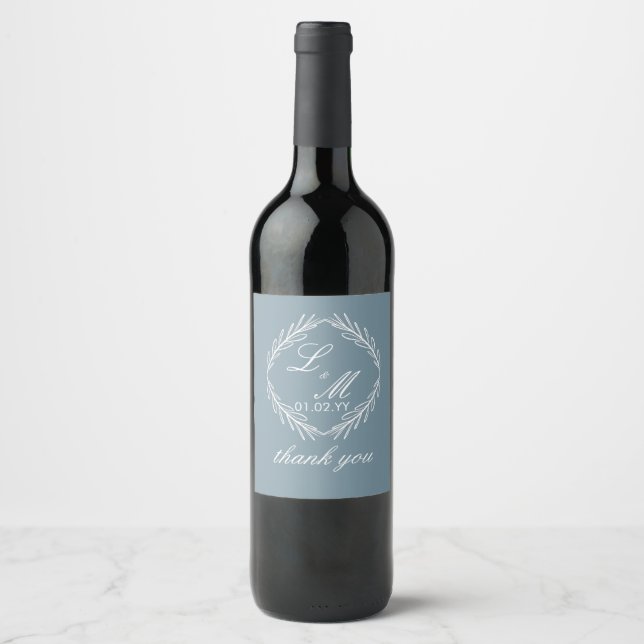 Monogram Script Branch Dusty Blue Wedding   Wine Label (Front)