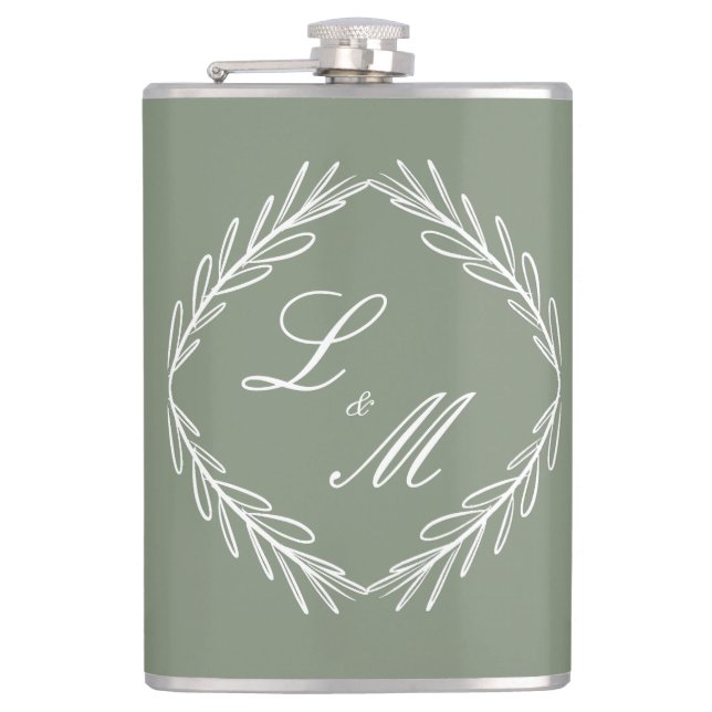 Monogram Script Branch Sage Green Wedding Flask (Front)