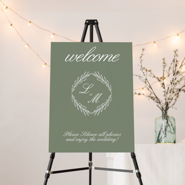 Monogram Script Branch Sage Green Wedding  Foam Board (In Situ (Stand))