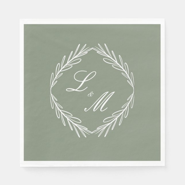 Monogram Script Branch Sage Green Wedding  Napkins (Front)