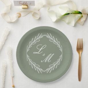 Monogram Script Branch Sage Green Wedding   Paper Plates
