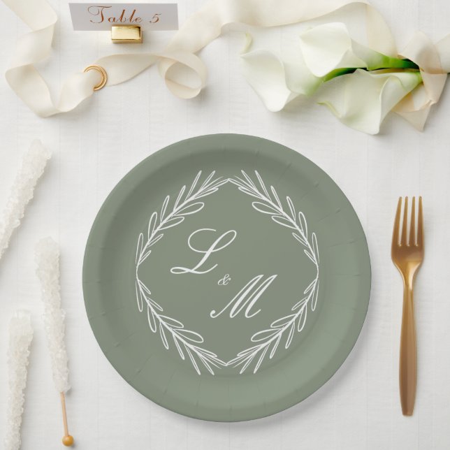 Monogram Script Branch Sage Green Wedding   Paper Plates (Wedding)
