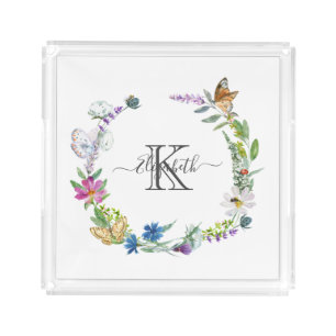Monogram Script Calligraphy Butterflies Flowers Acrylic Tray