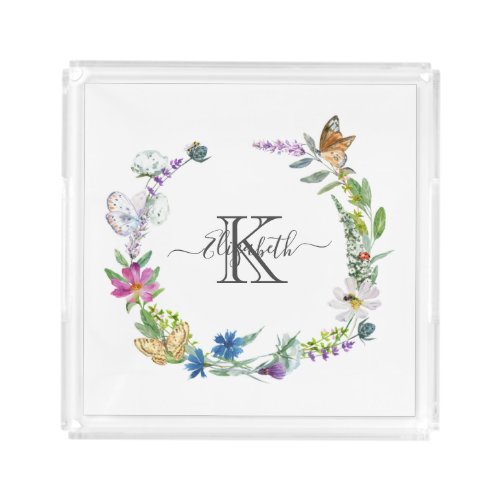 Monogram Script Calligraphy Butterflies Flowers  Acrylic Tray