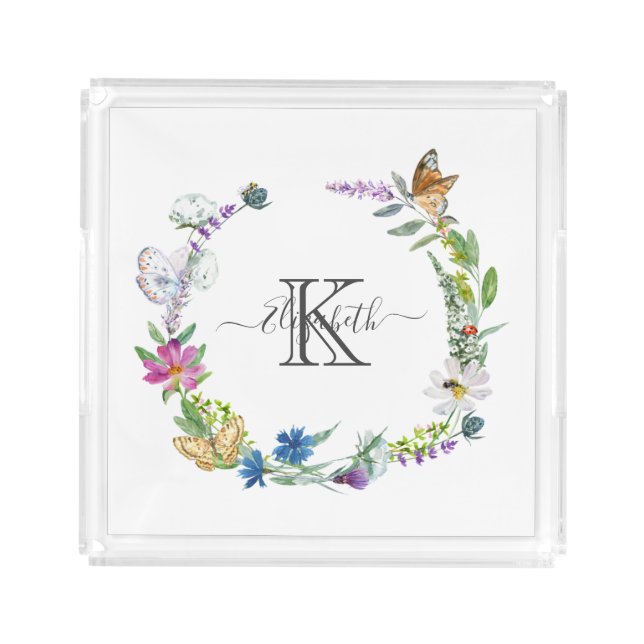 Monogram Script Calligraphy Butterflies Flowers  Acrylic Tray (Front)