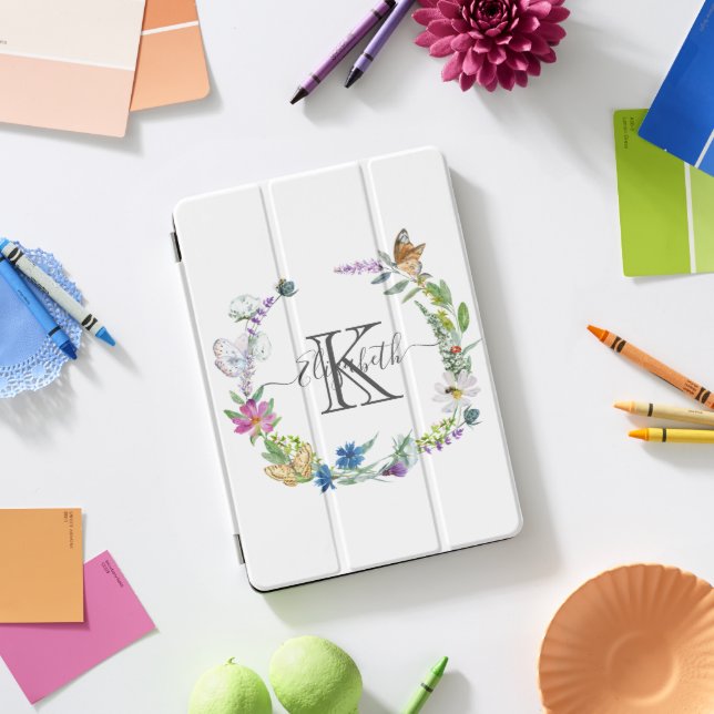 Monogram Script Calligraphy Butterflies Flowers  iPad Pro Cover (Desk)