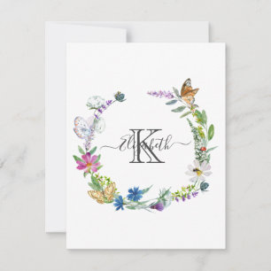 Monogram Script Calligraphy Butterflies Flowers Note Card