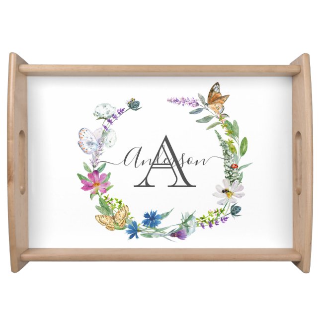 Monogram Script Calligraphy Butterflies Flowers Serving Tray (Front)