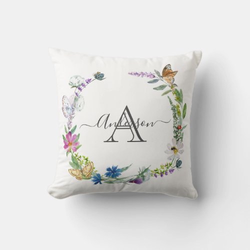 Monogram Script Calligraphy Butterflies Flowers Throw Pillow