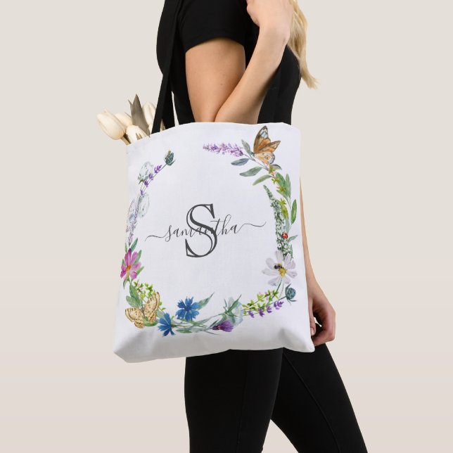 Monogram Script Calligraphy Butterflies Flowers To Tote Bag (Close Up)