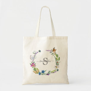 Monogram Script Calligraphy Butterflies Flowers Tote Bag