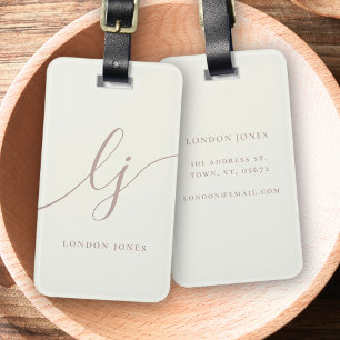 Monogram Script Calligraphy Ivory White Rose Pink Luggage Tag