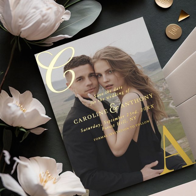 Monogram Script | Custom Photo Save The Date Foil Invitation (Creator Uploaded)