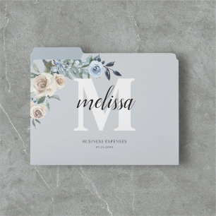 Monogram Script Dusty Blue Beige Flowers File Folder